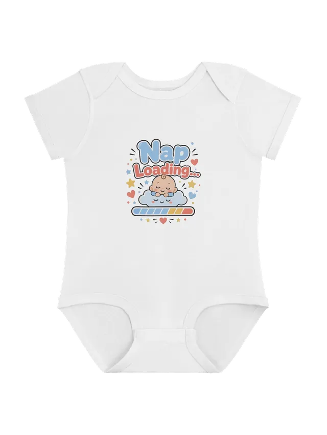 Nap Loading baby bodysuit in white with a sleeping baby on a smiling cloud above a loading bar, by LOLsies