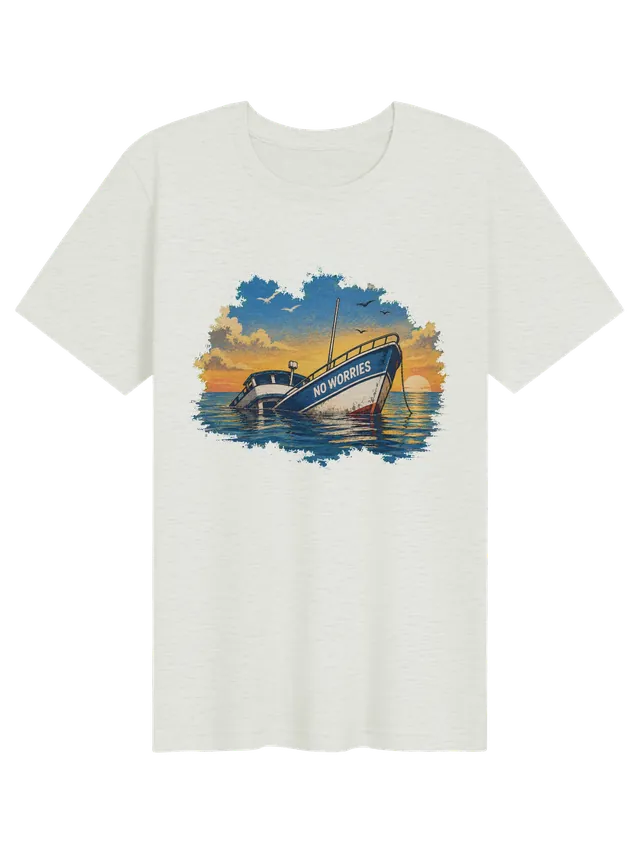 No Worries Boat funny t-shirt in white with a sinking boat named No Worries at sunset, by LOLsies