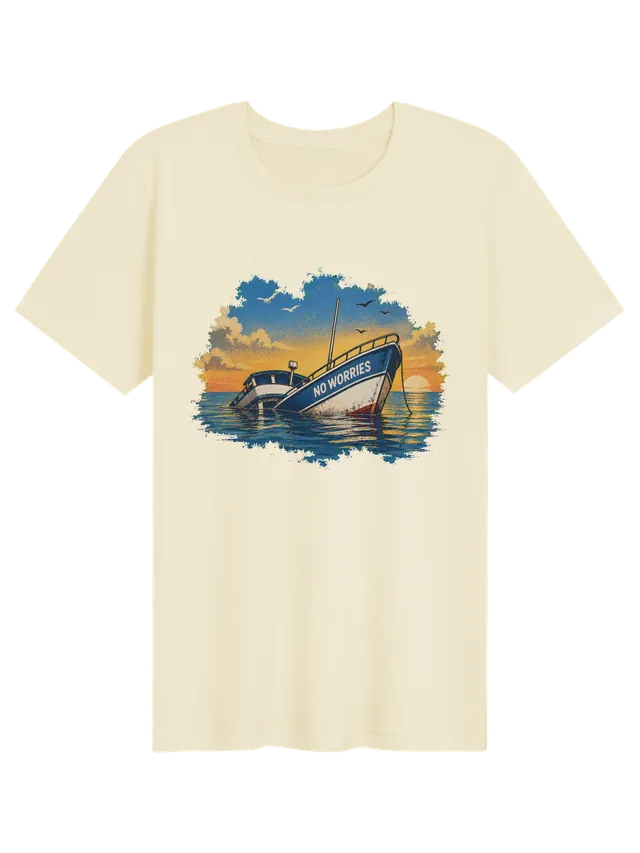 No Worries Boat funny t-shirt in white with a sinking boat named No Worries at sunset, by LOLsies