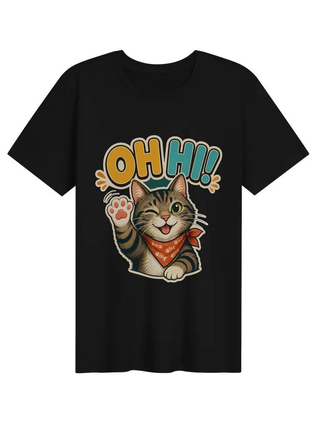 Oh Hi! cat t-shirt in black with a winking tabby cat waving a paw in a fishbone bandana, by LOLsies