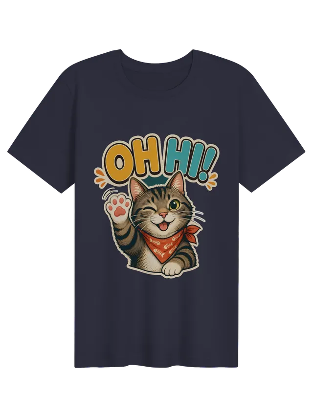 Oh Hi! cat t-shirt in black with a winking tabby cat waving a paw in a fishbone bandana, by LOLsies