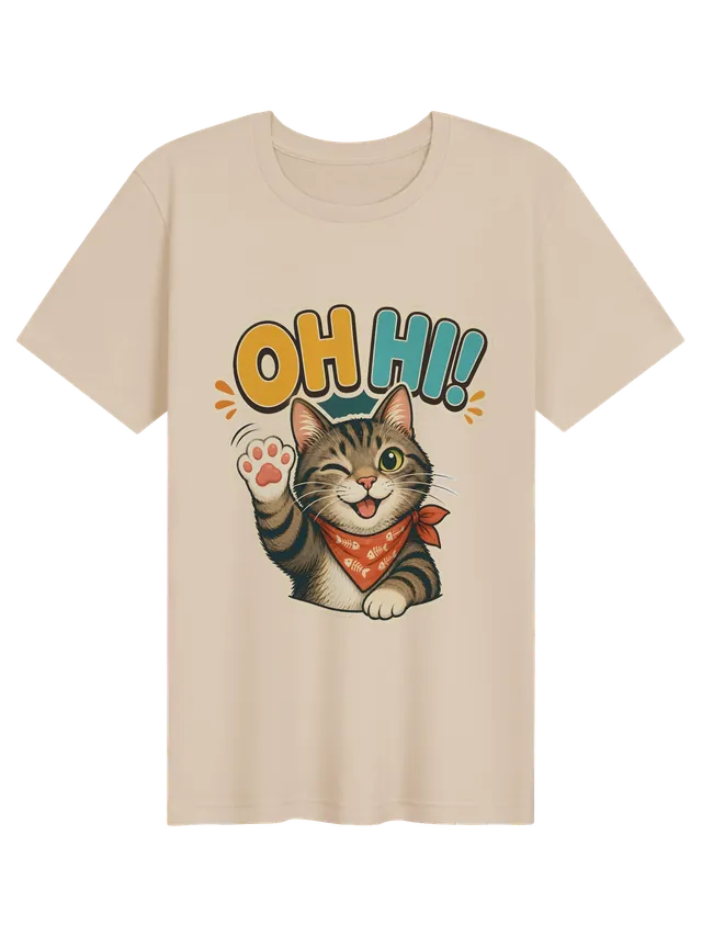 Oh Hi! cat t-shirt in black with a winking tabby cat waving a paw in a fishbone bandana, by LOLsies