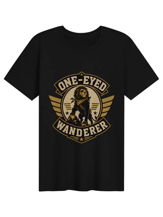 One-Eyed Wanderer eye surgery t-shirt in black with an eye-patch lion explorer on a winged badge, by LOLsies