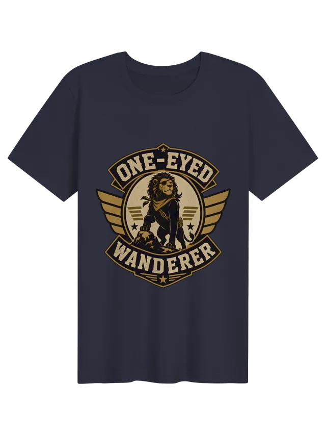 One-Eyed Wanderer eye surgery t-shirt in black with an eye-patch lion explorer on a winged badge, by LOLsies