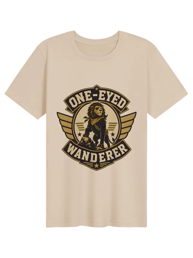 One-Eyed Wanderer eye surgery t-shirt in black with an eye-patch lion explorer on a winged badge, by LOLsies