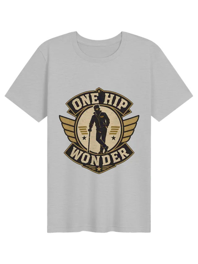 One Hip Wonder hip replacement t-shirt in black with a winged retro badge and a hero leaning on a cane, by LOLsies