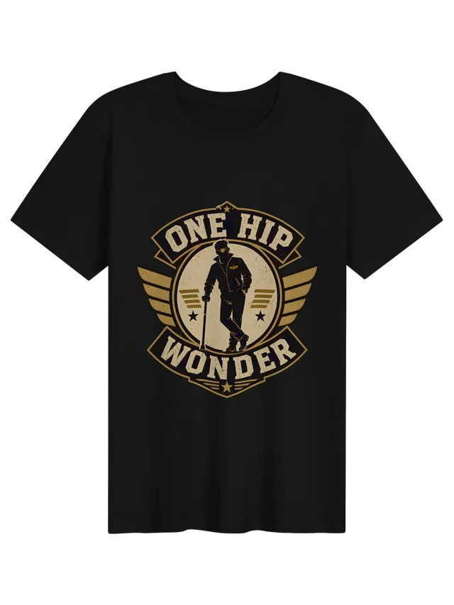 One Hip Wonder hip replacement t-shirt in black with a winged retro badge and a hero leaning on a cane, by LOLsies