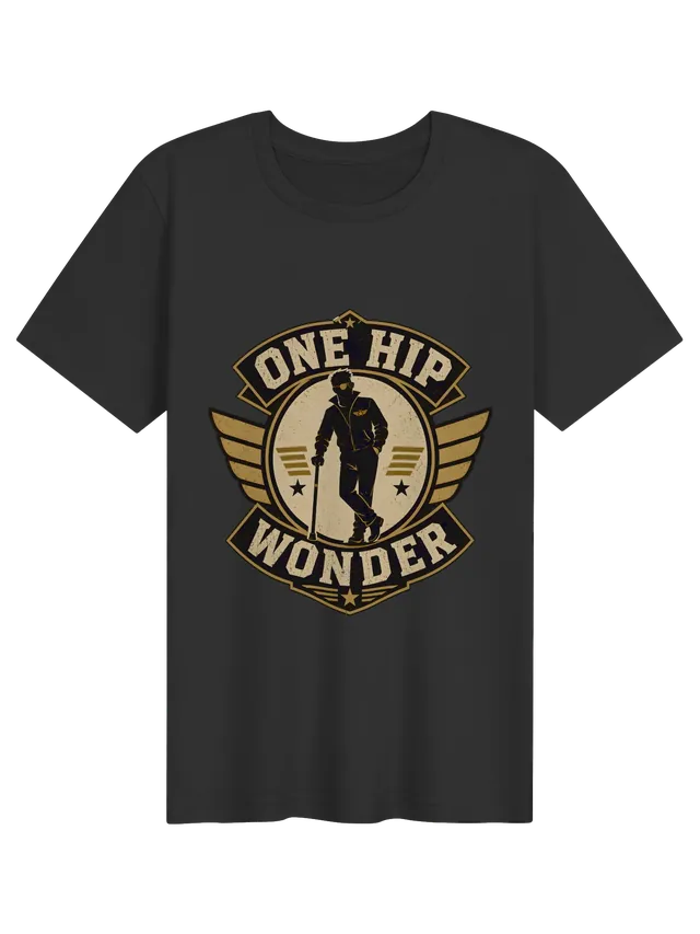 One Hip Wonder hip replacement t-shirt in black with a winged retro badge and a hero leaning on a cane, by LOLsies