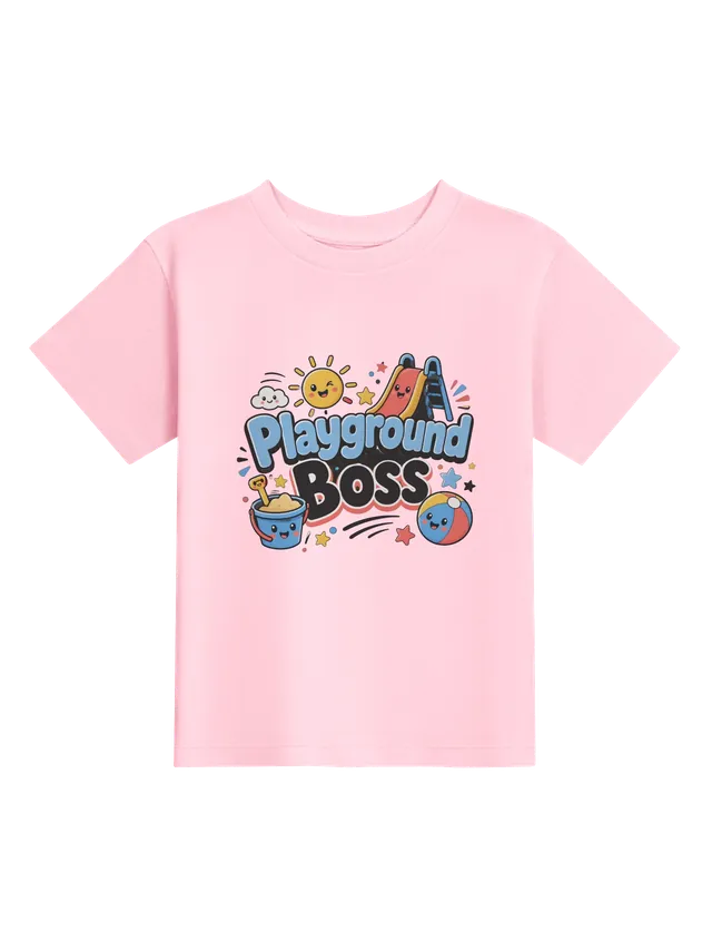 Playground Boss toddler tee in white with a winking sun, a slide, a sand bucket, and a beach ball, by LOLsies