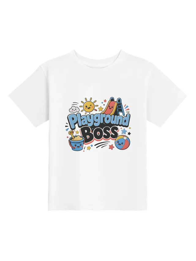 Playground Boss toddler tee in white with a winking sun, a slide, a sand bucket, and a beach ball, by LOLsies