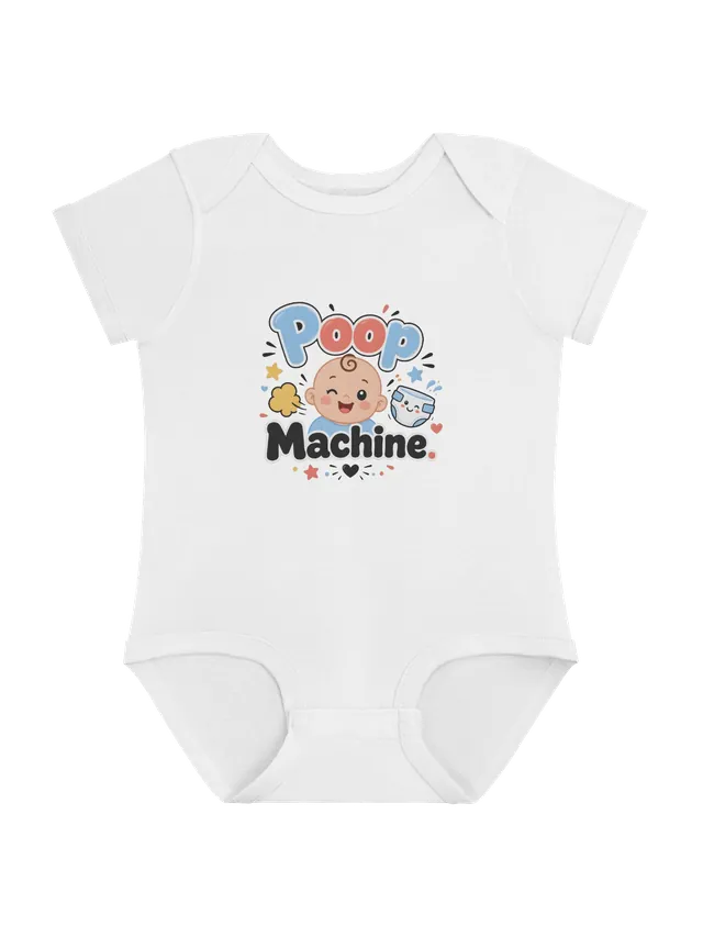 Poop Machine baby bodysuit in white with a winking baby, a yellow puff, and a flying diaper, by LOLsies