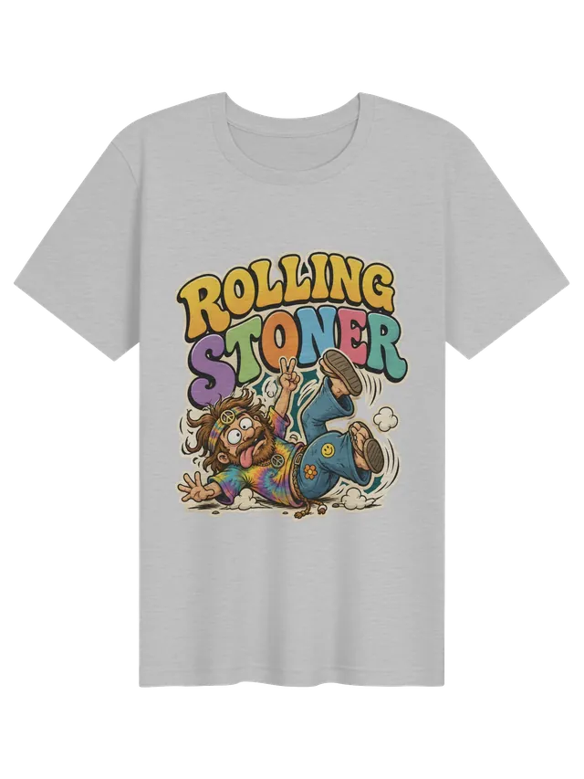 Rolling Stoner t-shirt in black with a tie-dyed hippie tumbling and flashing a peace sign, by LOLsies