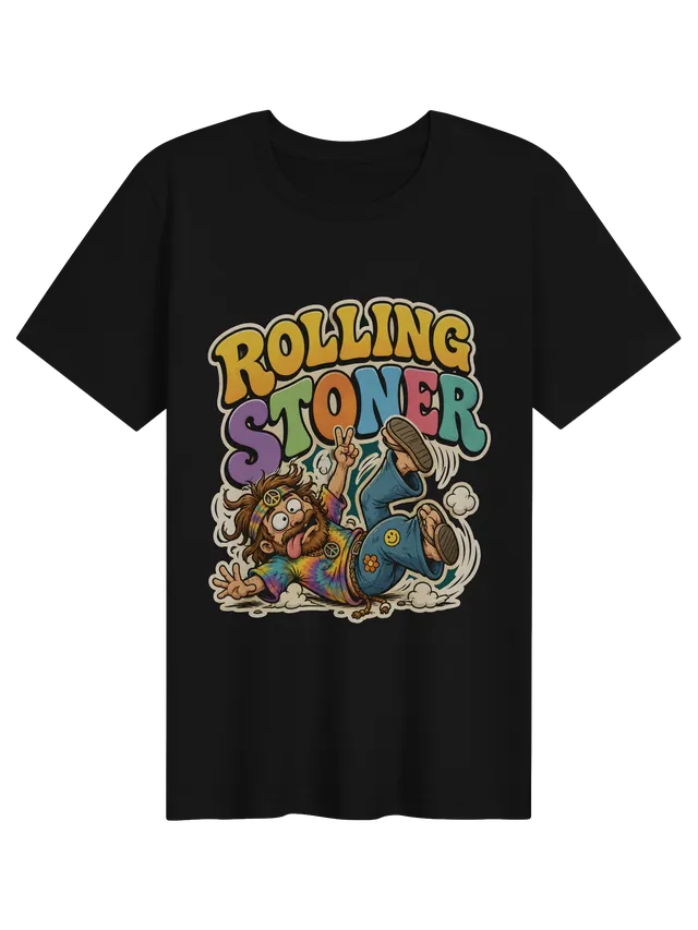 Rolling Stoner t-shirt in black with a tie-dyed hippie tumbling and flashing a peace sign, by LOLsies