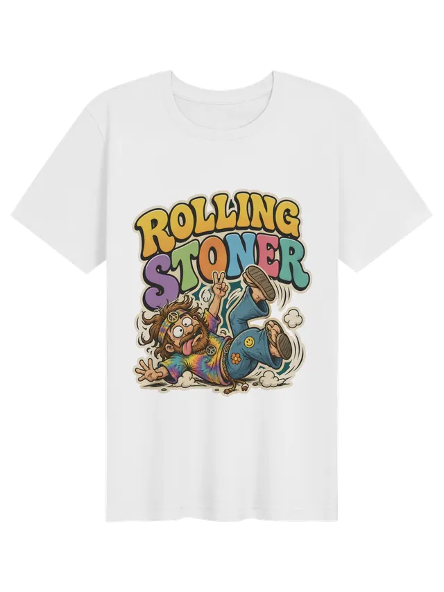 Rolling Stoner t-shirt in black with a tie-dyed hippie tumbling and flashing a peace sign, by LOLsies