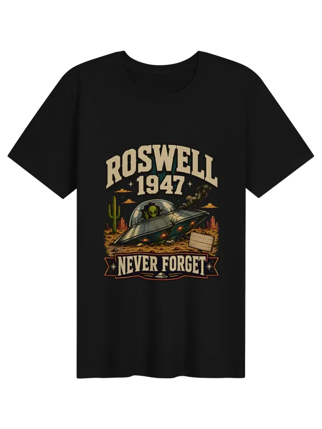 Roswell 1947 Never Forget tee in black with a crashed UFO and a waving alien in the desert, by LOLsies