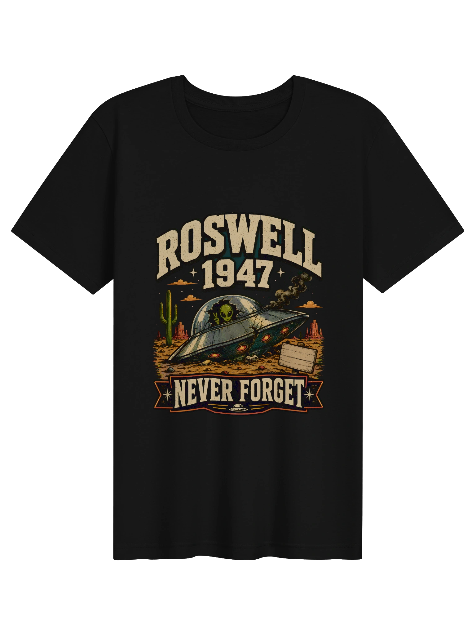 Roswell 1947 Never Forget shown on a Black Tee by LOLsies