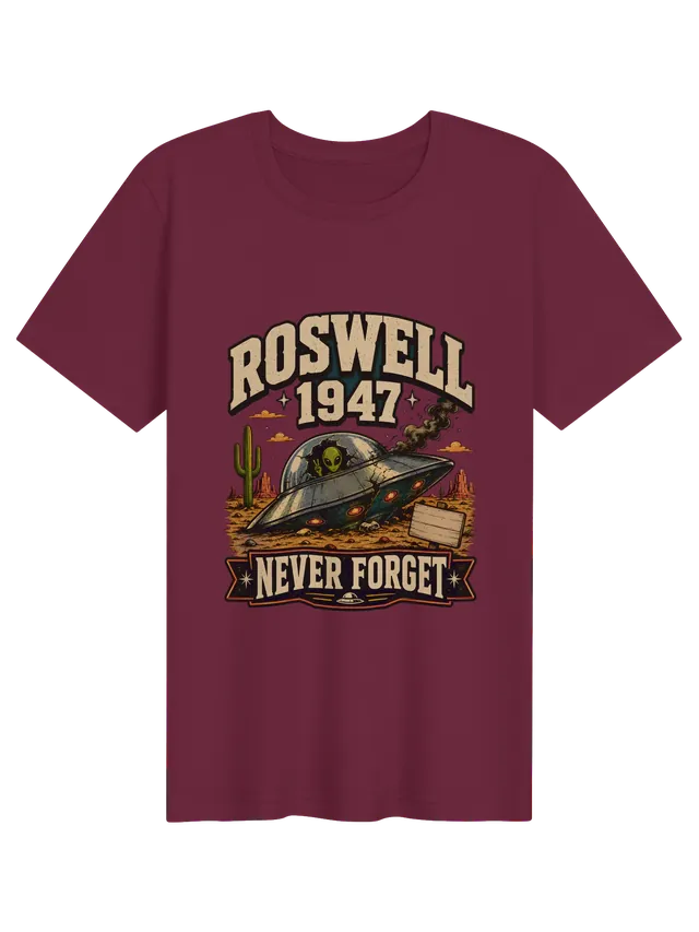 Roswell 1947 Never Forget tee in black with a crashed UFO and a waving alien in the desert, by LOLsies