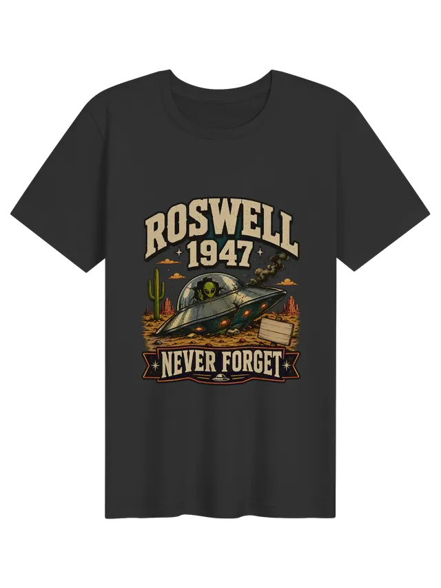 Roswell 1947 Never Forget tee in black with a crashed UFO and a waving alien in the desert, by LOLsies
