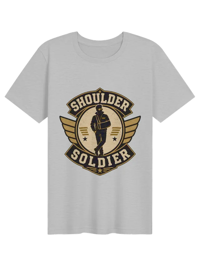 Shoulder Soldier shoulder surgery t-shirt in black with a winged military-style badge and an arm-sling hero, by LOLsies