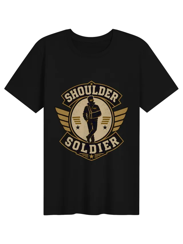 Shoulder Soldier shoulder surgery t-shirt in black with a winged military-style badge and an arm-sling hero, by LOLsies