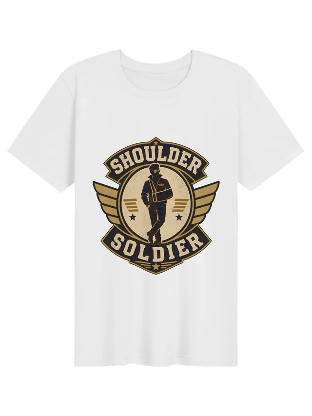 Shoulder Soldier shoulder surgery t-shirt in black with a winged military-style badge and an arm-sling hero, by LOLsies