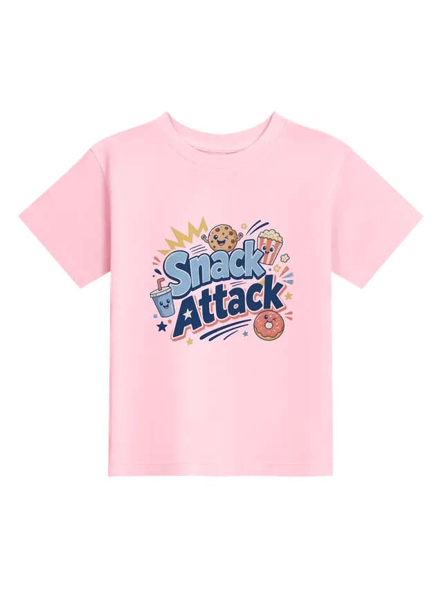 Snack Attack toddler tee in white with a flexing cookie, popcorn, a sprinkle donut, and a drink cup, by LOLsies