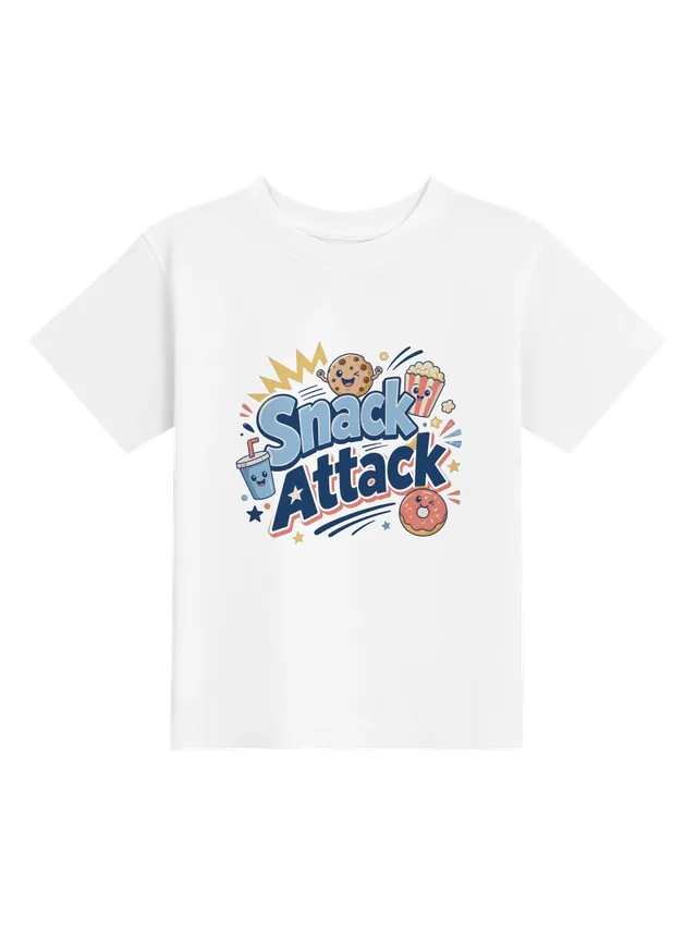 Snack Attack toddler tee in white with a flexing cookie, popcorn, a sprinkle donut, and a drink cup, by LOLsies