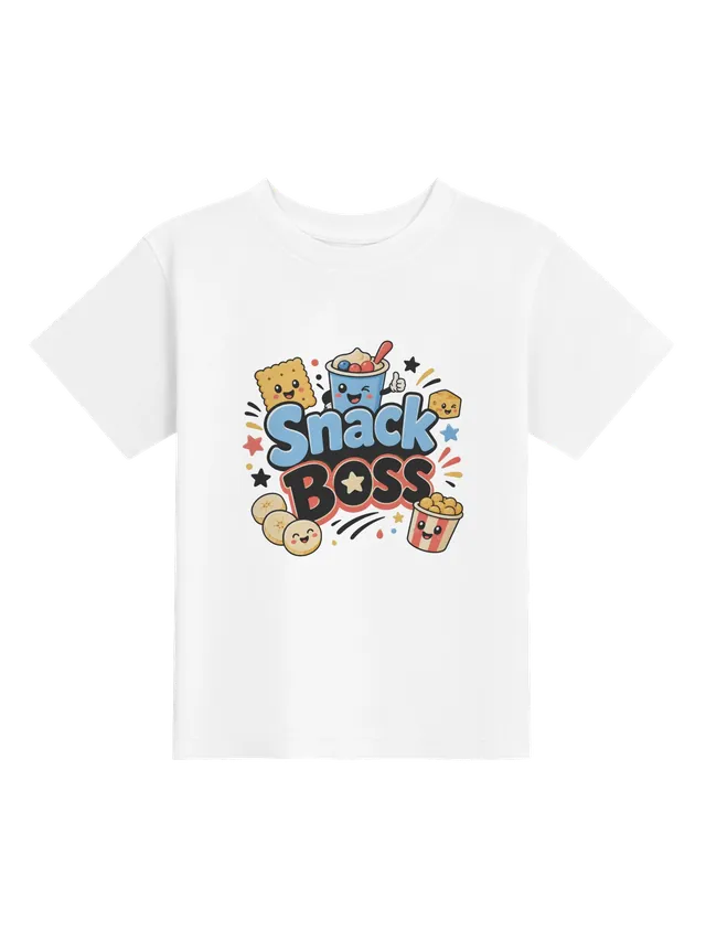 Snack Boss toddler tee in white with a cracker, cheese cube, banana slices, and a thumbs-up snack cup, by LOLsies