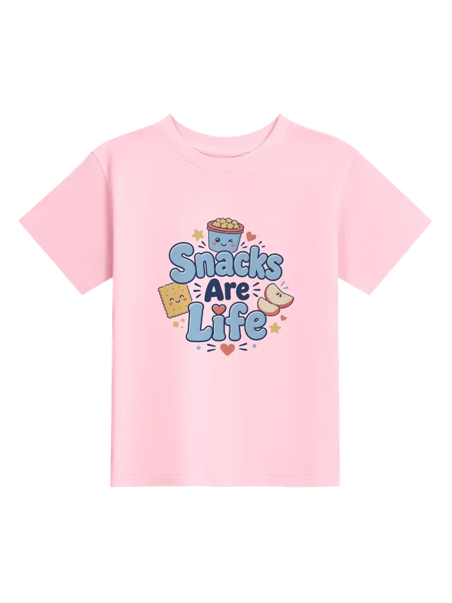 Snacks Are Life toddler tee in white with a winking snack cup, a cracker, and apple slices, by LOLsies