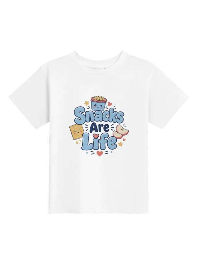 Snacks Are Life toddler tee in white with a winking snack cup, a cracker, and apple slices, by LOLsies