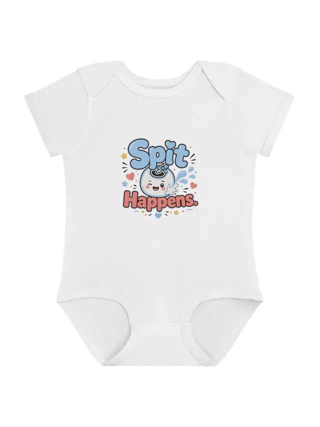Spit Happens baby bodysuit in white with a smiling bib character and a splash of spit-up, by LOLsies