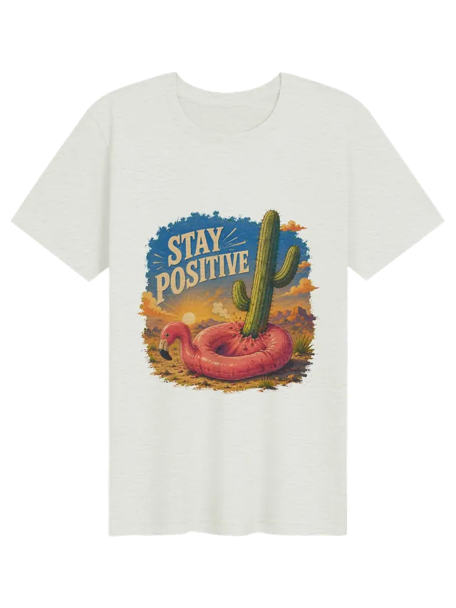 Stay Positive funny t-shirt in white with a flamingo pool float punctured by a desert cactus, by LOLsies