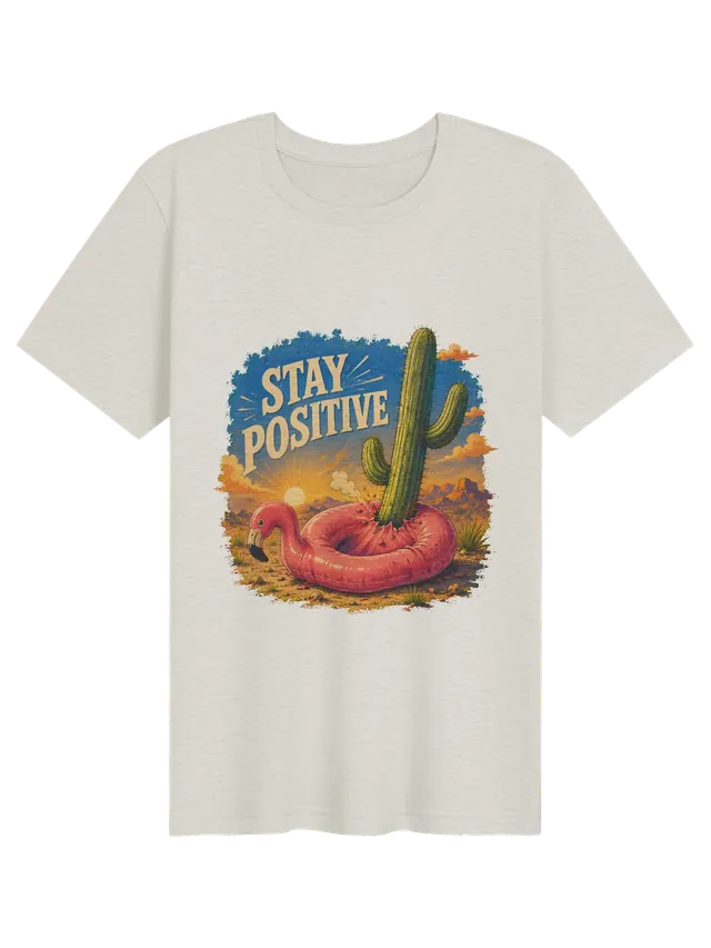 Stay Positive funny t-shirt in white with a flamingo pool float punctured by a desert cactus, by LOLsies