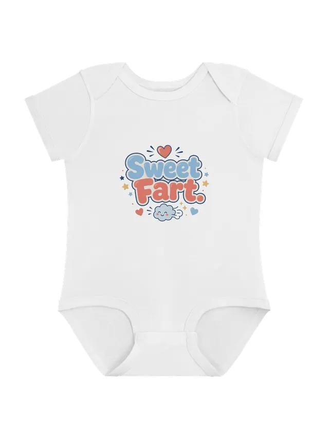 Sweet Fart baby bodysuit in white with a red heart and a smiling toot cloud with speed lines, by LOLsies