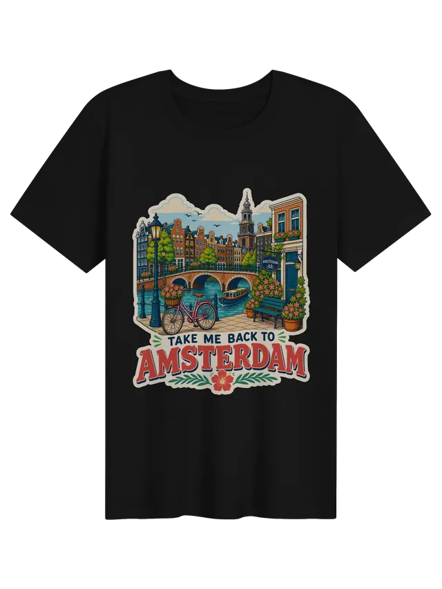 Take Me Back To Amsterdam travel t-shirt with a canal bridge, gabled houses and a pink bike, by LOLsies