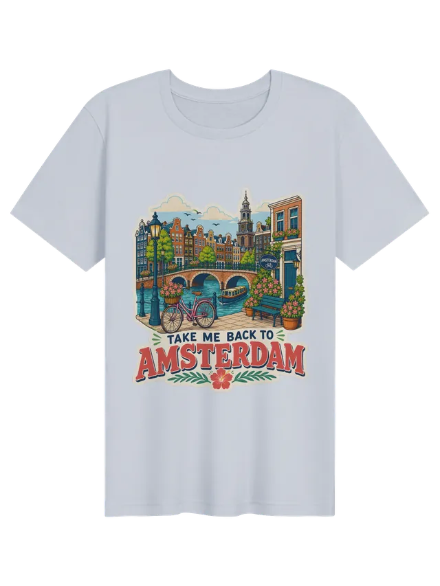 Take Me Back To Amsterdam travel t-shirt with a canal bridge, gabled houses and a pink bike, by LOLsies