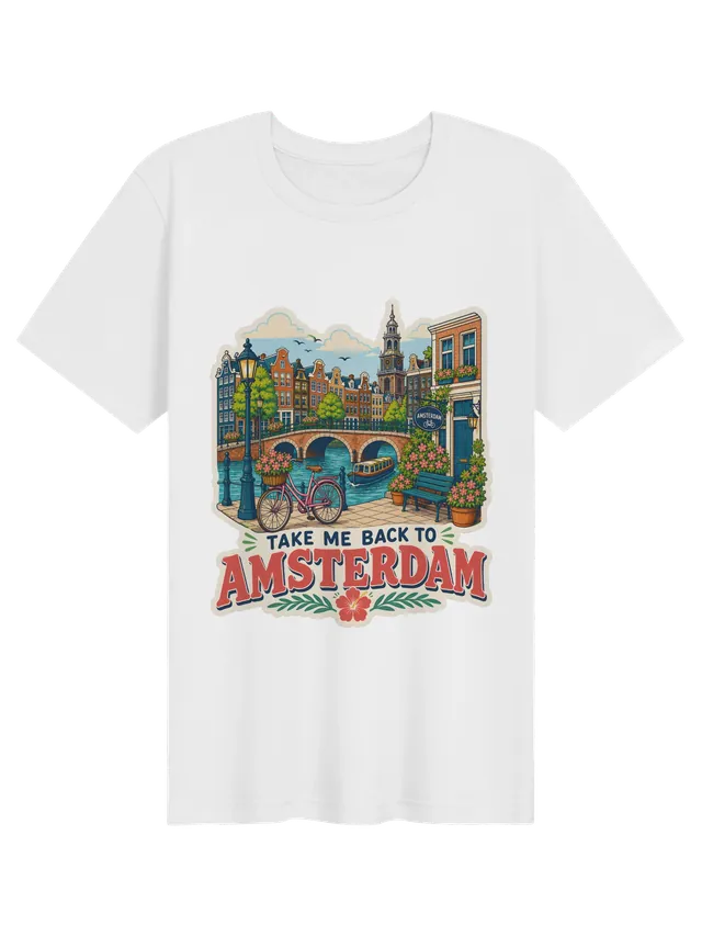 Take Me Back To Amsterdam travel t-shirt with a canal bridge, gabled houses and a pink bike, by LOLsies