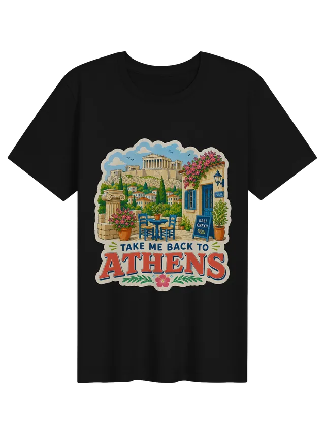 Take Me Back To Athens t-shirt with the Parthenon, a Plaka taverna table and pink bougainvillea, by LOLsies