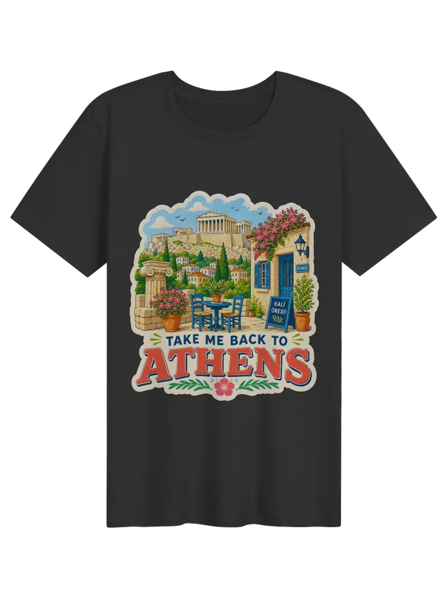 Take Me Back To Athens t-shirt with the Parthenon, a Plaka taverna table and pink bougainvillea, by LOLsies