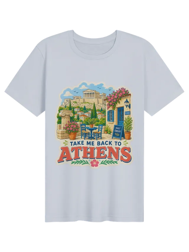 Take Me Back To Athens t-shirt with the Parthenon, a Plaka taverna table and pink bougainvillea, by LOLsies