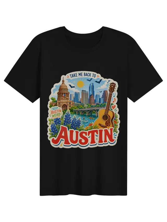 Take Me Back To Austin t-shirt with the capitol dome, skyline, bats, bluebonnets and a guitar, by LOLsies
