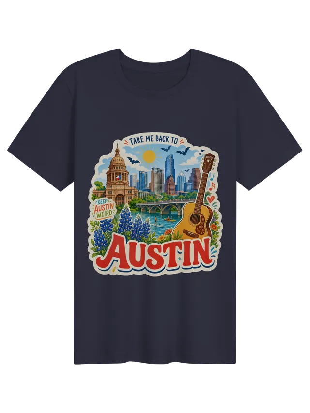 Take Me Back To Austin t-shirt with the capitol dome, skyline, bats, bluebonnets and a guitar, by LOLsies