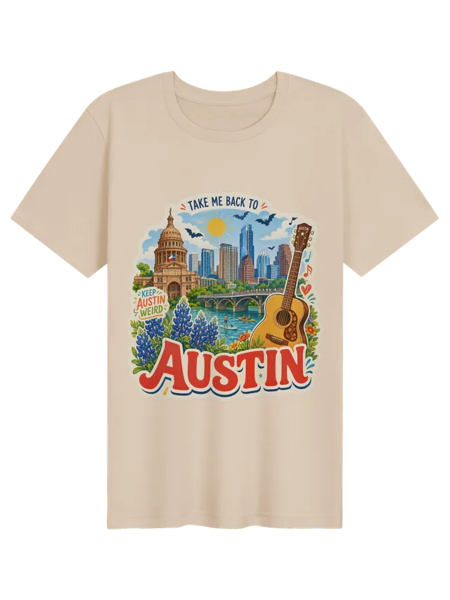 Take Me Back To Austin t-shirt with the capitol dome, skyline, bats, bluebonnets and a guitar, by LOLsies
