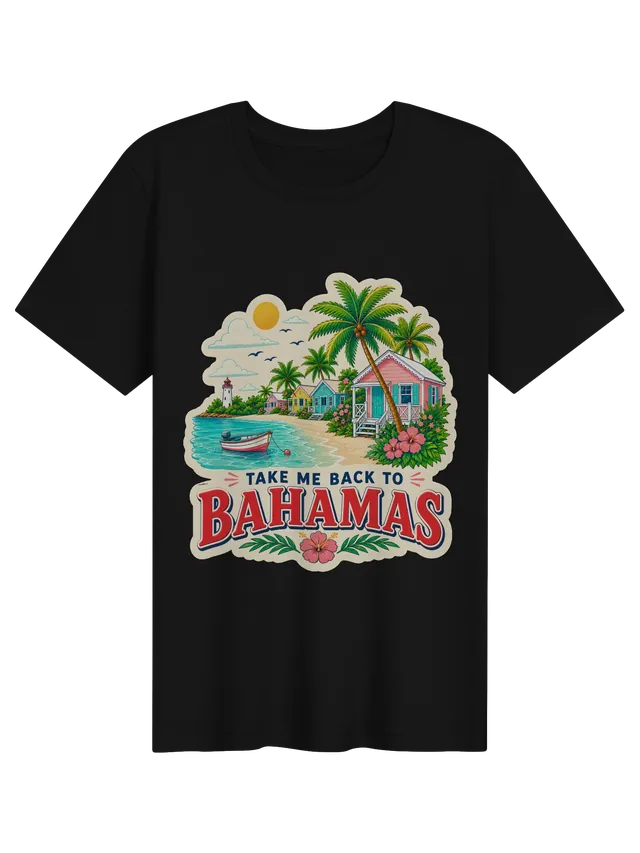 Take Me Back To The Bahamas t-shirt with pastel beach cottages, a lighthouse, palms and a small boat, by LOLsies