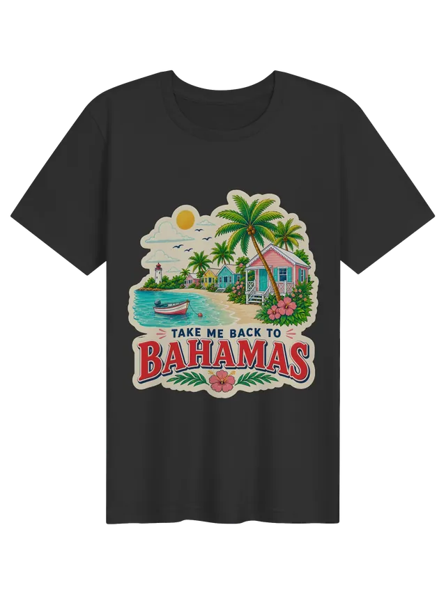 Take Me Back To The Bahamas t-shirt with pastel beach cottages, a lighthouse, palms and a small boat, by LOLsies