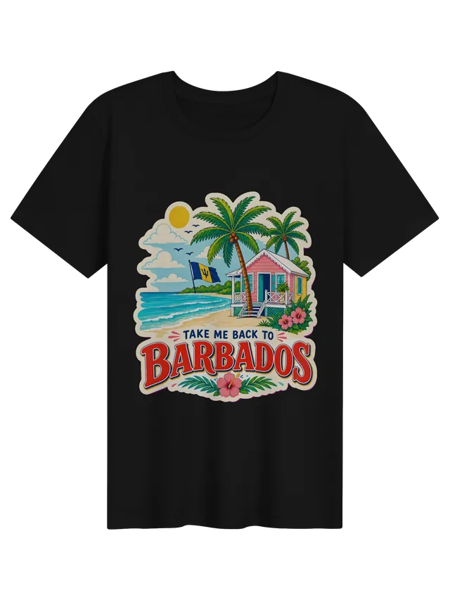 Take Me Back To Barbados t-shirt with the Barbados flag, a pink beach cottage and palm trees, by LOLsies
