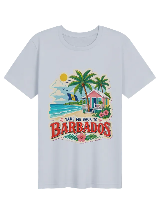 Take Me Back To Barbados t-shirt with the Barbados flag, a pink beach cottage and palm trees, by LOLsies