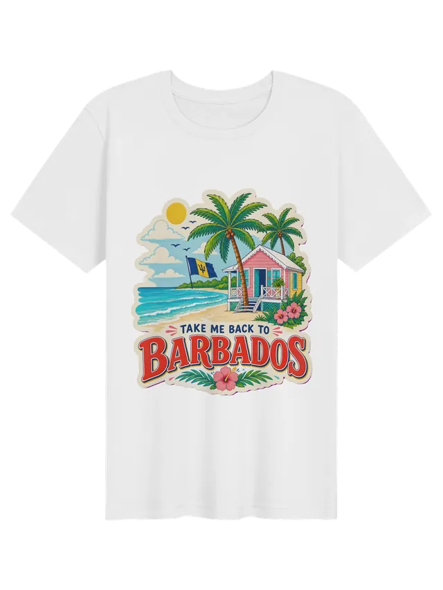 Take Me Back To Barbados t-shirt with the Barbados flag, a pink beach cottage and palm trees, by LOLsies