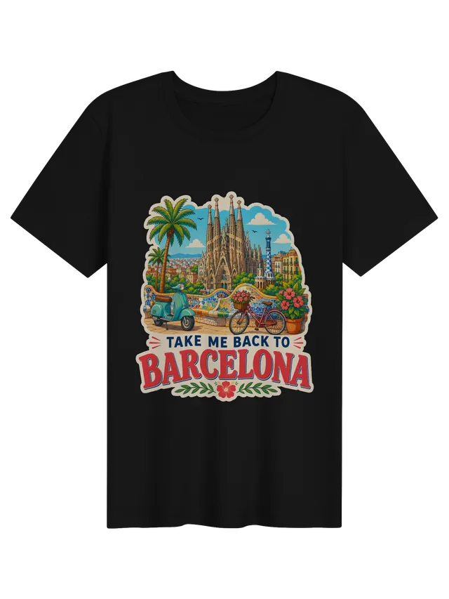 Take Me Back To Barcelona t-shirt with Sagrada Família spires, a Park Güell mosaic bench and a scooter, by LOLsies