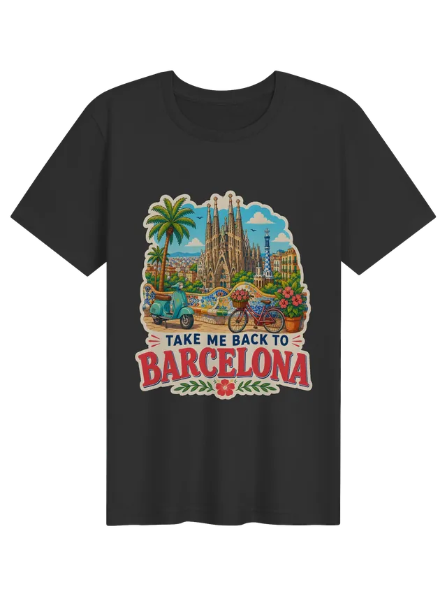 Take Me Back To Barcelona t-shirt with Sagrada Família spires, a Park Güell mosaic bench and a scooter, by LOLsies